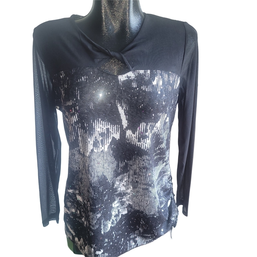 Champagne By Le Grenier Black and White Patterned Long Sleeve Top Size M
